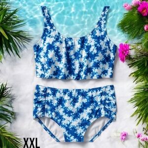 PLUS SIZE Women's Blue & White Tie Dye 2 Piece Ruffle Ruched Swim Suit Size XXL